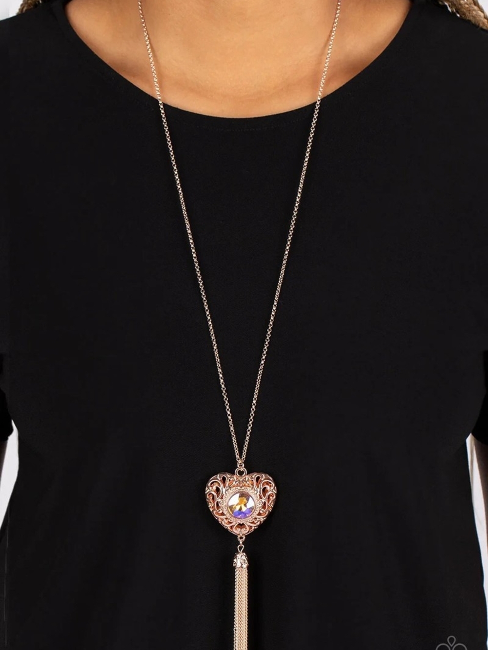 Rose Gold Heart Pendant Long Necklace with Tassel
